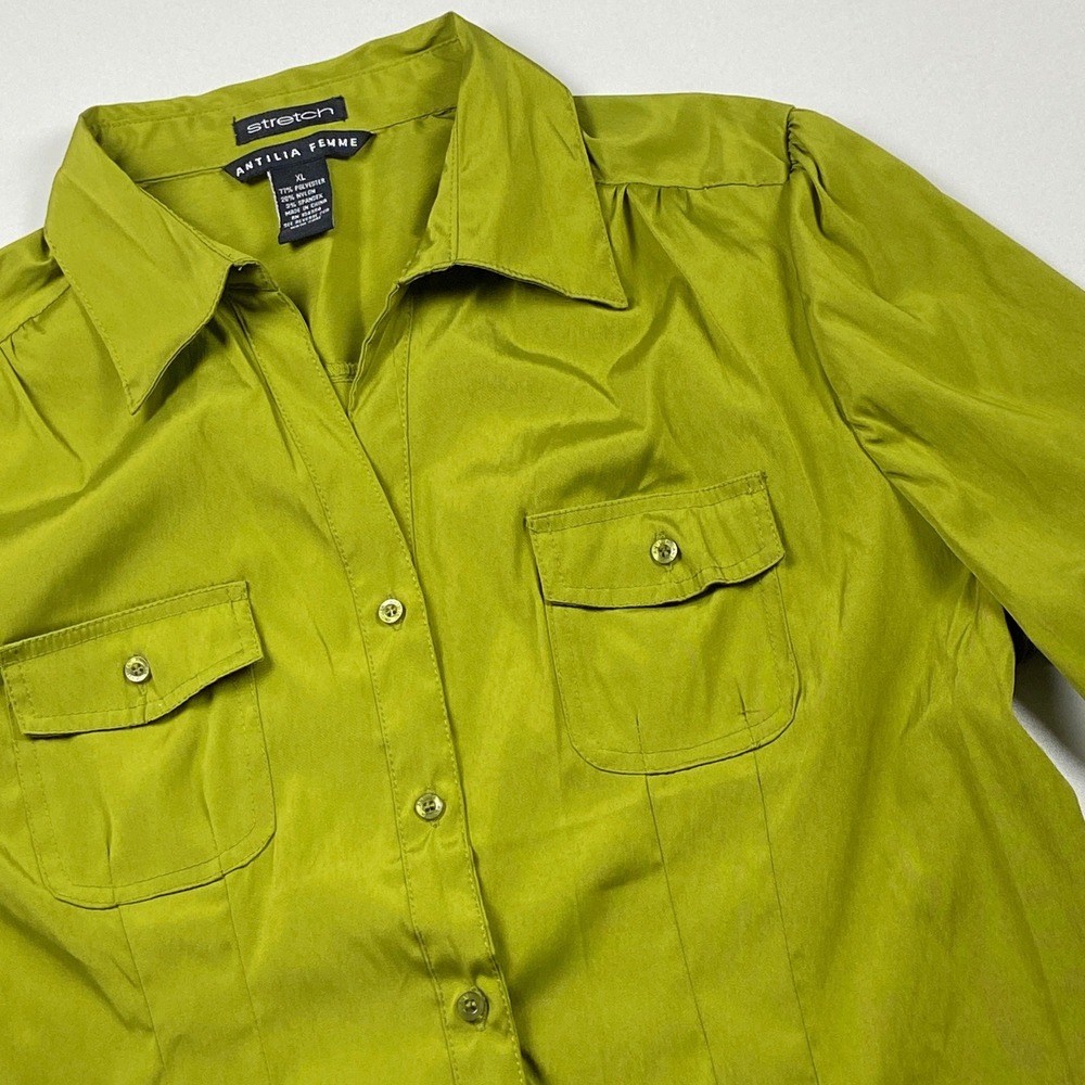 Antilia Femme Womens XL Chartreuse Green Stretch Button Up 3/4 Sleeve Blouse Top